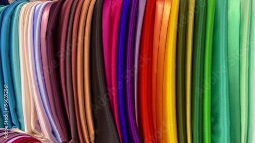 Detailed view of glossy satin silk with cascading folds and rich colors