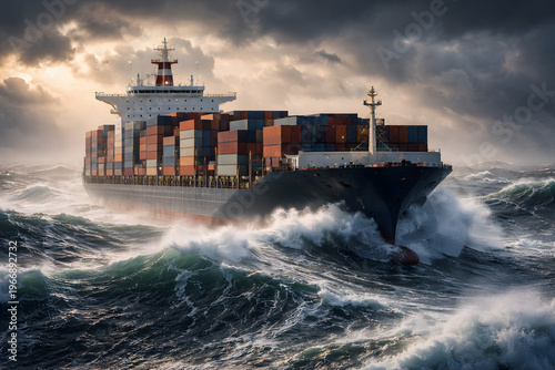 Large container ship sailing through rough stormy sea waves at sunset, global logistics and heavy maritime transportation