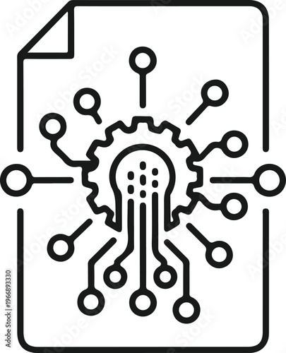 Digital document processing icon featuring gear mechanism and circuit lines representing automated data analysis and smart technology