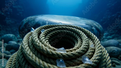 Thick Nautical Rope Coiled on Ocean Floor With Smooth Stones and Sunlight Rays