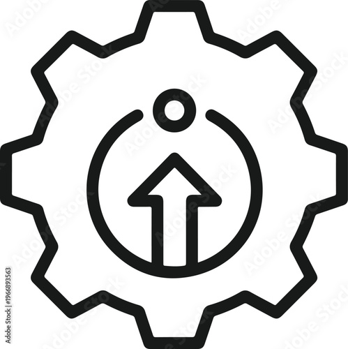 Gear with an upward arrow and progress circle icon represents innovation growth and development in technology and business projects