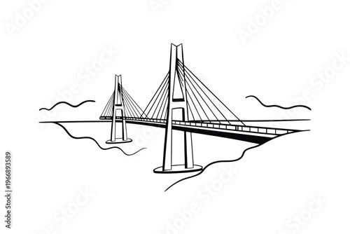 Modern CableStayed Bridge Design in Black and White Sketch.