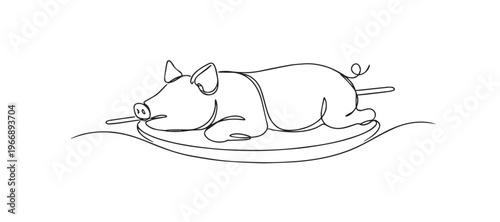 single line roast pig.continuous line drawing of whole roasted pig on spit.traditional feast concept.one line vector illustration.
