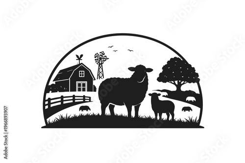 Silhouette of sheep on farm with barn, windmill, and pasture scene