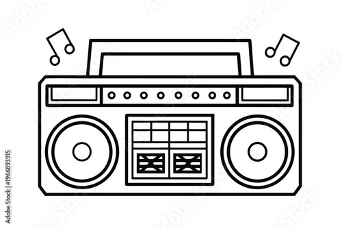 Retro Boombox Outline Drawing with Musical Notes.