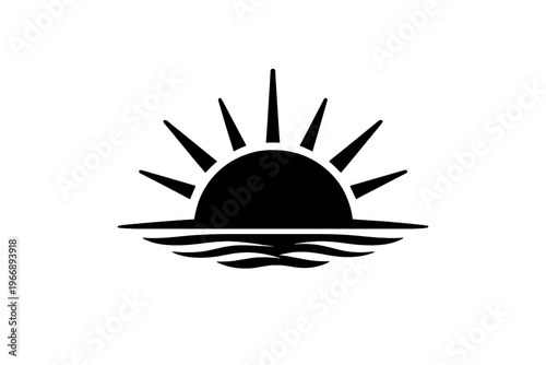 Black silhouette of sun over waves with rays in minimalist design