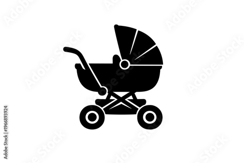 Baby stroller with four wheels and canopy on white background