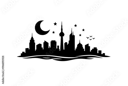 Toronto skyline silhouette with moon stars nightscape iconic landmarks