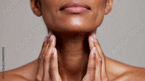 Closeup of a Black womans neck and chin, gently touching her skin with her hands, showcasing healthy, glowing complexion Concept of skincare, beauty, and selfcare