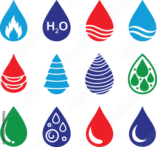 Colorful water drop icons diverse representations of water states and forms
