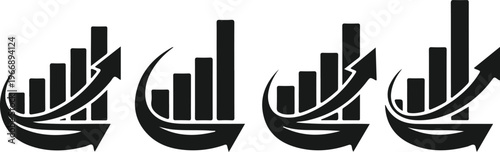 Set of financial bar graphs with curved arrow symbols indicating positive market trends and business progress for data presentation