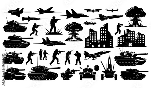 Modern warfare silhouettes vector big set tanks drones jets soldiers ruins