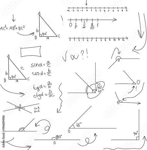 Angles, lines and triangles, trigonometry and physics formulas drawn by hand, black and white sketch. Vector illustration. Set of mathematical schemes and drawings, isolated on a white background