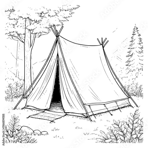 Tarpaulin tent in the forest in a clearing, black and white sketch. Vector illustration. Hiking in the mountains, travel,