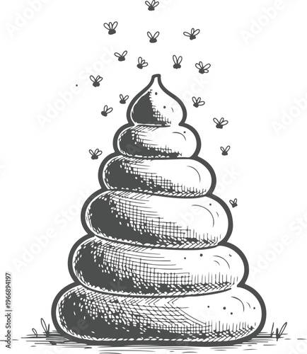 Stacked pile of excrement with flies swarming around, depicting unsanitary conditions or unpleasant situation