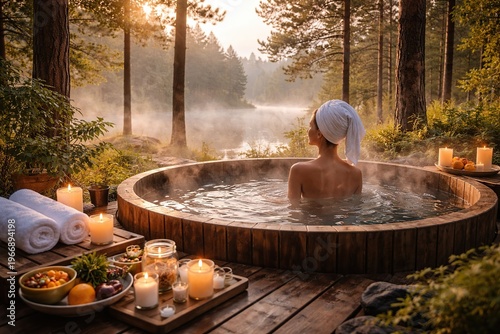 Woman relaxing in a steaming outdoor hot tub surrounded by a serene forest at sunrise