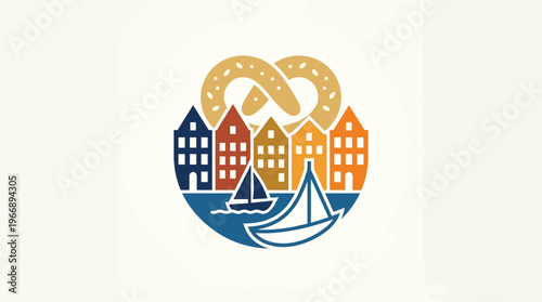Charming Coastal Town Logo with Pretzel and Boats