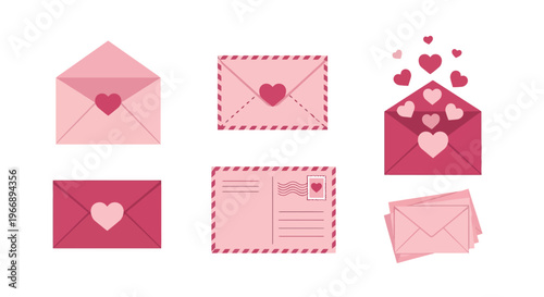 Romantic Love Letter Envelopes with Hearts for Valentine's Day Marketing, Weddings, and Digital Greeting Card Design