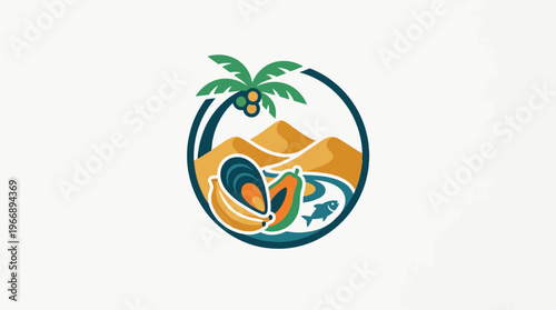 Coastal Tropical Logo with Palm Tree and Food Elements