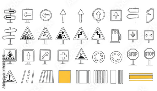 Collection of various hand drawn road traffic signs and pavement markings for infrastructure site planning