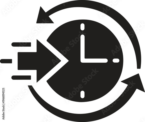 Time management concept icon showing clock with rotating arrows and fast incoming motion symbol for deadline efficiency and schedule