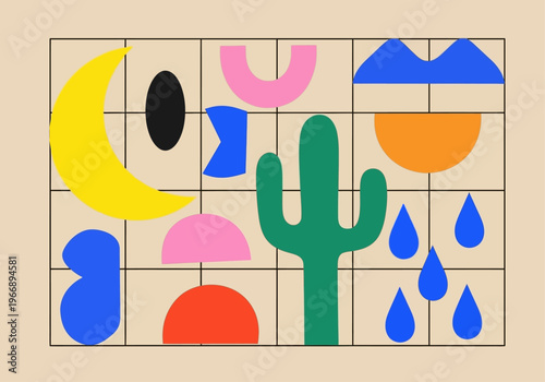 Abstract geometric shapes including yellow crescent moon green cactus blue raindrops and pink semicircles beige