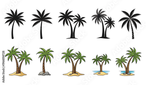 Collection of palm tree silhouettes and island illustrations