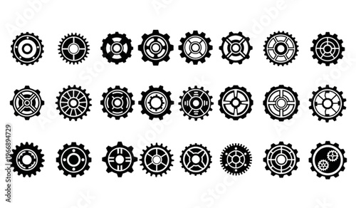Collection of diverse black and white gear icons for mechanical concepts