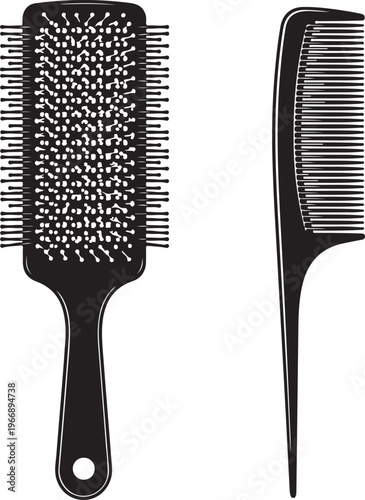 Two distinct black silhouettes of hair tools, a paddle brush and a styling comb, on transparent background
