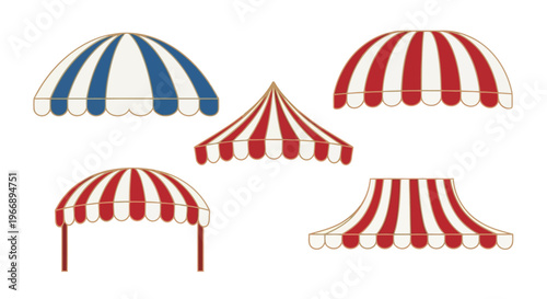 Striped Storefront Awnings and Circus Tents Set Isolated for Retail Business, Festivals, and Carnival Branding.