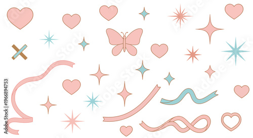 Pastel Y2K Aesthetic Vector Icons Set with Hearts, Stars, and Butterflies for Social Media Branding and Stickers