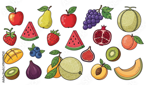 Assortment of fresh fruits and berries in a colorful cartoon style