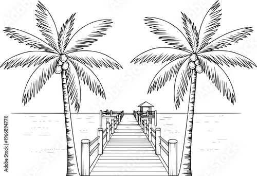 Black and white of a wooden pier with palm trees and coconuts leading to a small gazebo over water