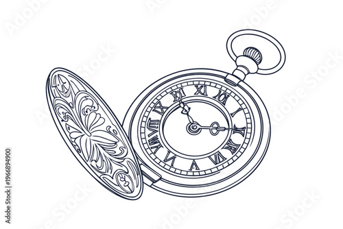 Vintage Pocket Watch with Ornate Cover and Roman Numerals.