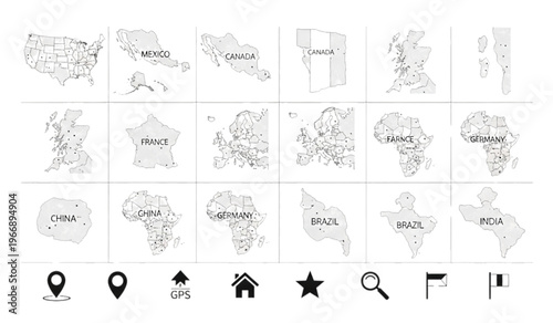 World map outlines with country borders and city markers collection
