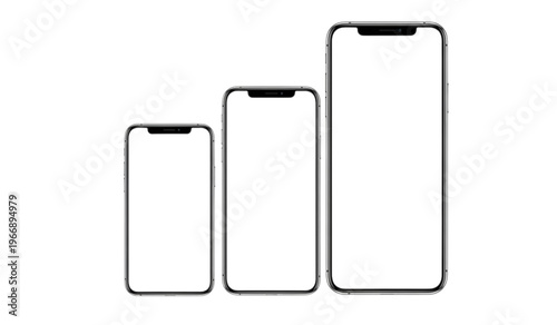 Three modern smartphone mockups of varying sizes isolated