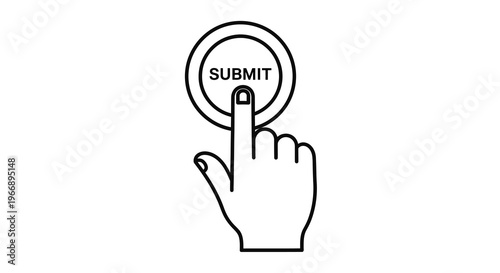 Line art illustration of a hand pressing a submit button
