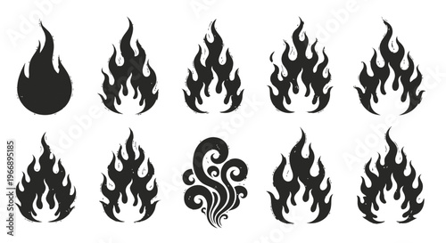 Fire Flame Silhouette Set Burning on White Background for Logo Branding and Apparel Design