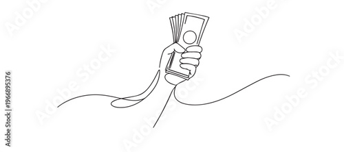 single line hand holding cash.continuous line drawing of hand gripping a bundle of banknotes.money and finance concept.one line vector illustration.