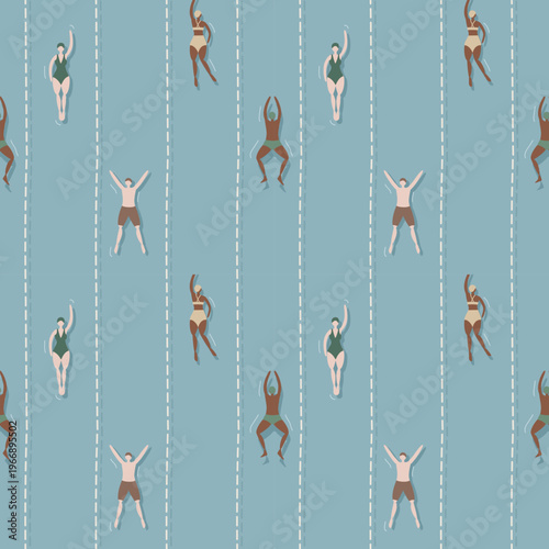 Minimal swimming pool top view with swimmers, Pastel repeat pattern background, flat vector illustration graphic design