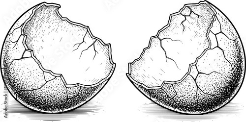 Halves of a cracked open eggshell with intricate line hatching and stippling detail