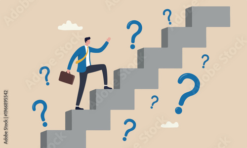 Business success step for career or adversity concept, businessman trying hard with full effort to climb up big step ladder or stairway