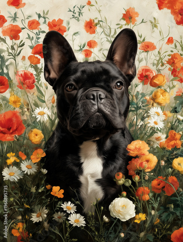 French Bulldog Portrait with Floral Background – Cute Pet Photography