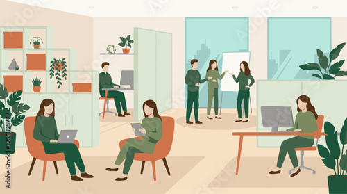 Diverse team working in modern, comfortable office with plants