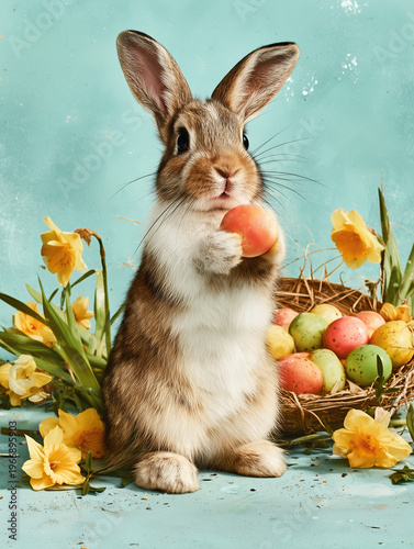 Bunny with Easter Eggs in Nest – Spring Holiday Scene