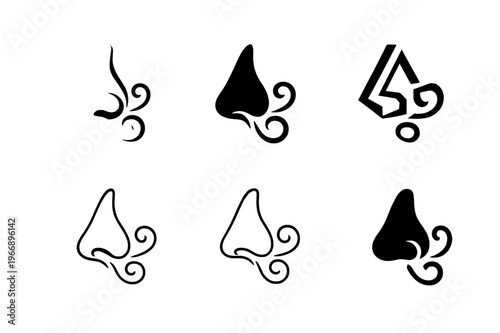 Senses Icon Set. How our senses work. Icon set. Set Logo of How our senses work: nose with scent swirls. harmonious logo variations of the same emblematic