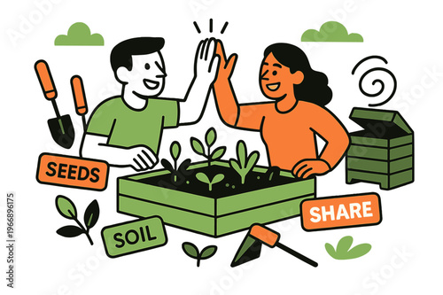 Vibrant Urban Garden Cheers. Green infrastructure ? Community garden & compost. Neighbors high-five over raised beds; a compost bin emits tidy swirl lines.