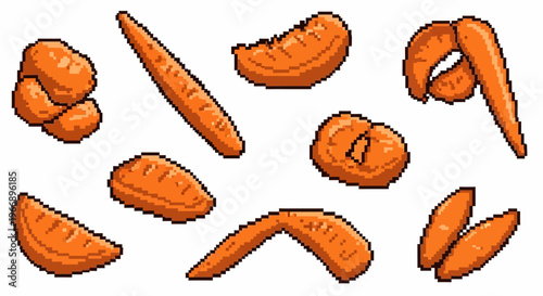 Pixel orange carrot pieces and whole carrots isolated white background vegetable