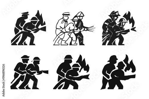 Emergency Services Logos. Police officers and first responders in action. Icon set. Set Logo of police officers and first responders in action: firefighters
