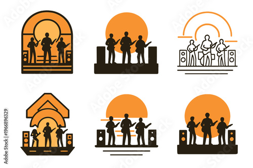 June Concert Emblematic Icons. June concert outdoors. Icon set. Set Logo of june concert outdoors: sunset silhouette of band and speakers. harmonious logo